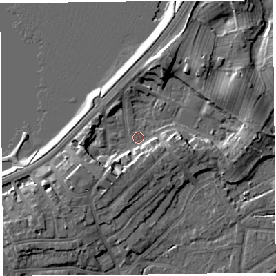 Shaded relief map of the ground around LA46AR, computed from Environment Agency LiDAR. The ground here sits at about 5 m above sea level and falls 9 m across the surrounding 800 m. Surface water reaching this point runs off ground lying to the south-west, 6.1 m higher.