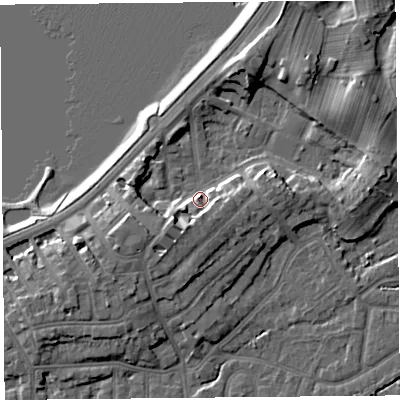 Shaded relief map of the ground around LA46AS, computed from Environment Agency LiDAR. The ground here sits at about 8 m above sea level and falls 9 m across the surrounding 800 m. Surface water reaching this point runs off ground lying to the east-north-east, 5.6 m higher.