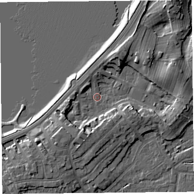 Shaded relief map of the ground around LA46AT, computed from Environment Agency LiDAR. The ground here sits at about 6 m above sea level and falls 9 m across the surrounding 800 m. Surface water reaching this point runs off ground lying to the south-south-west, 6.2 m higher.