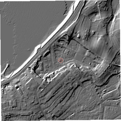 Shaded relief map of the ground around LA46AU, computed from Environment Agency LiDAR. The ground here sits at about 6 m above sea level and falls 9 m across the surrounding 800 m. Surface water reaching this point runs off ground lying to the south-west, 6.1 m higher.
