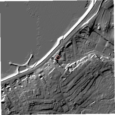 Shaded relief map of the ground around LA46AX, computed from Environment Agency LiDAR. The ground here sits at about 8 m above sea level and falls 9 m across the surrounding 800 m. Surface water reaching this point runs off ground lying to the south-south-west, 4.1 m higher.