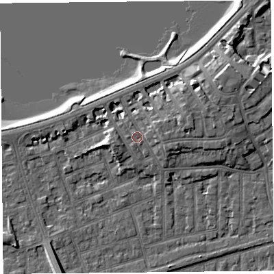 Shaded relief map of the ground around LA46BA, computed from Environment Agency LiDAR. The ground here sits at about 8 m above sea level and falls 9 m across the surrounding 800 m. Surface water reaching this point runs off ground lying to the east, 1.9 m higher.