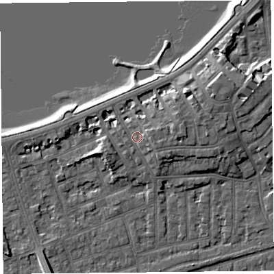 Shaded relief map of the ground around LA46BB, computed from Environment Agency LiDAR. The ground here sits at about 8 m above sea level and falls 9 m across the surrounding 800 m. Surface water reaching this point runs off ground lying to the east-south-east, 1.9 m higher.