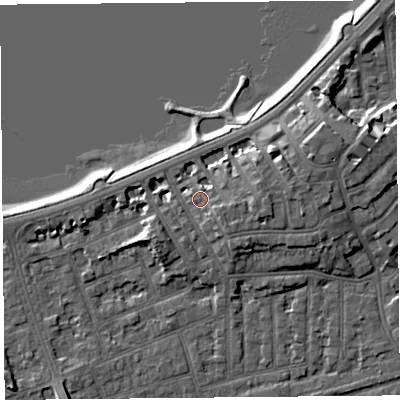 Shaded relief map of the ground around LA46BH, computed from Environment Agency LiDAR. The ground here sits at about 8 m above sea level and falls 9 m across the surrounding 800 m. Surface water reaching this point runs off ground lying to the south-east, 2.1 m higher.