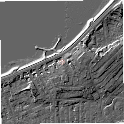 Shaded relief map of the ground around LA46BL, computed from Environment Agency LiDAR. The ground here sits at about 8 m above sea level and falls 9 m across the surrounding 800 m. Surface water reaching this point runs off ground lying to the south-east, 4.3 m higher.