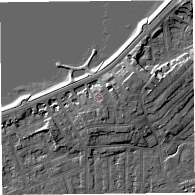Shaded relief map of the ground around LA46BW, computed from Environment Agency LiDAR. The ground here sits at about 9 m above sea level and falls 9 m across the surrounding 800 m. Surface water reaching this point runs off ground lying to the south-east, 2.0 m higher.