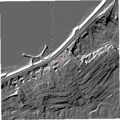 Shaded relief map of the ground around LA46BX, computed from Environment Agency LiDAR. The ground here sits at about 8 m above sea level and falls 9 m across the surrounding 800 m. Surface water reaching this point runs off ground lying to the east, 4.0 m higher.