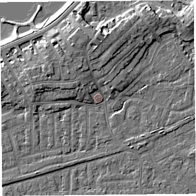 Shaded relief map of the ground around LA46DL, computed from Environment Agency LiDAR. The ground here sits at about 6 m above sea level and falls 9 m across the surrounding 800 m. Surface water reaching this point runs off ground lying to the north-west, 6.1 m higher.