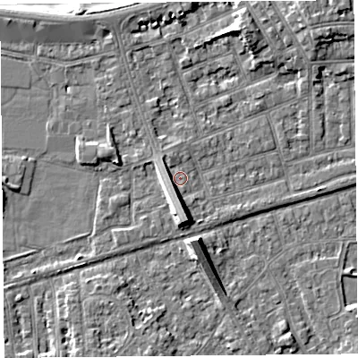 Shaded relief map of the ground around LA46DT, computed from Environment Agency LiDAR. The ground here sits at about 6 m above sea level and falls 8 m across the surrounding 800 m. Surface water reaching this point runs off ground lying to the south-south-west, 3.8 m higher.
