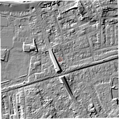 Shaded relief map of the ground around LA46DU, computed from Environment Agency LiDAR. The ground here sits at about 6 m above sea level and falls 7 m across the surrounding 800 m. Surface water reaching this point runs off ground lying to the south-south-west, 5.0 m higher.
