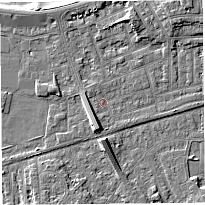 Shaded relief map of the ground around LA46DX, computed from Environment Agency LiDAR. The ground here sits at about 6 m above sea level and falls 8 m across the surrounding 800 m. Surface water reaching this point runs off ground lying to the north-west, 1.3 m higher.