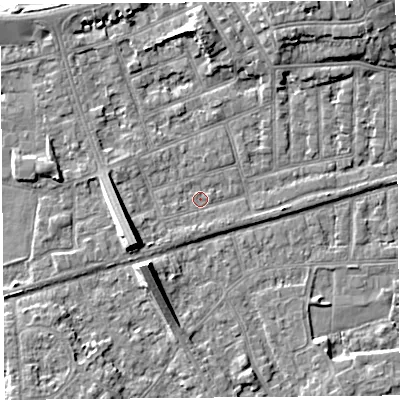 Shaded relief map of the ground around LA46DY, computed from Environment Agency LiDAR. The ground here sits at about 5 m above sea level and falls 7 m across the surrounding 800 m. Surface water reaching this point runs off ground lying to the south-west, 6.5 m higher.