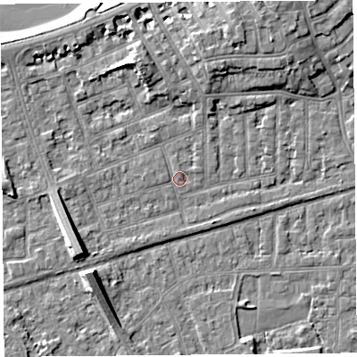 Shaded relief map of the ground around LA46DZ, computed from Environment Agency LiDAR. The ground here sits at about 6 m above sea level and falls 9 m across the surrounding 800 m. Surface water reaching this point runs off ground lying to the south-west, 7.1 m higher.