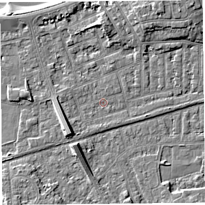 Shaded relief map of the ground around LA46EA, computed from Environment Agency LiDAR. The ground here sits at about 6 m above sea level and falls 9 m across the surrounding 800 m. Surface water reaching this point runs off ground lying to the south-west, 6.6 m higher.