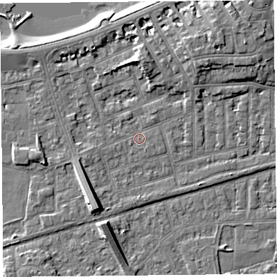 Shaded relief map of the ground around LA46EB, computed from Environment Agency LiDAR. The ground here sits at about 6 m above sea level and falls 9 m across the surrounding 800 m. Surface water reaching this point runs off ground lying to the west-south-west, 0.7 m higher.