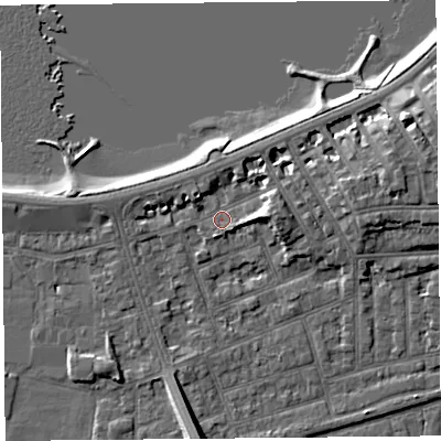Shaded relief map of the ground around LA46EE, computed from Environment Agency LiDAR. The ground here sits at about 6 m above sea level and falls 8 m across the surrounding 800 m. Surface water reaching this point runs off ground lying to the east-north-east, 5.6 m higher.