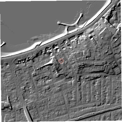 Shaded relief map of the ground around LA46EF, computed from Environment Agency LiDAR. The ground here sits at about 8 m above sea level and falls 9 m across the surrounding 800 m. Surface water reaching this point runs off ground lying to the south-west, 2.3 m higher.
