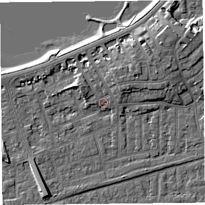 Shaded relief map of the ground around LA46EG, computed from Environment Agency LiDAR. The ground here sits at about 7 m above sea level and falls 9 m across the surrounding 800 m. Surface water reaching this point runs off ground lying to the north, 2.0 m higher.