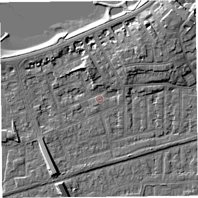 Shaded relief map of the ground around LA46EH, computed from Environment Agency LiDAR. The ground here sits at about 6 m above sea level and falls 9 m across the surrounding 800 m. Surface water reaching this point runs off ground lying to the north-north-east, 2.9 m higher.