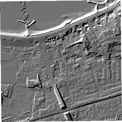 Shaded relief map of the ground around LA46EJ, computed from Environment Agency LiDAR. The ground here sits at about 6 m above sea level and falls 9 m across the surrounding 800 m. Surface water reaching this point runs off ground lying to the south, 6.6 m higher.