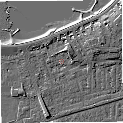 Shaded relief map of the ground around LA46EL, computed from Environment Agency LiDAR. The ground here sits at about 6 m above sea level and falls 9 m across the surrounding 800 m. Surface water reaching this point runs off ground lying to the south-south-west, 7.0 m higher.