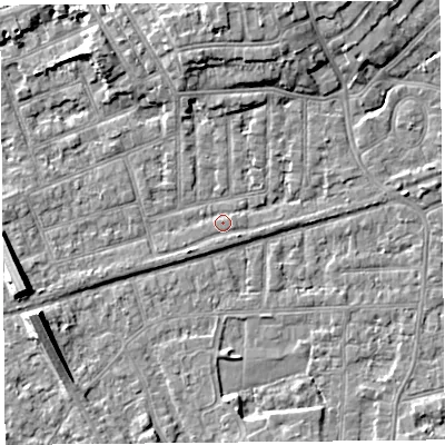 Shaded relief map of the ground around LA46EN, computed from Environment Agency LiDAR. The ground here sits at about 6 m above sea level and falls 7 m across the surrounding 800 m. Surface water reaching this point runs off ground lying to the south-west, 1.5 m higher.