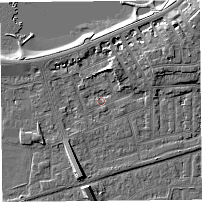 Shaded relief map of the ground around LA46EQ, computed from Environment Agency LiDAR. The ground here sits at about 5 m above sea level and falls 9 m across the surrounding 800 m. Surface water reaching this point runs off ground lying to the south-south-west, 7.0 m higher.
