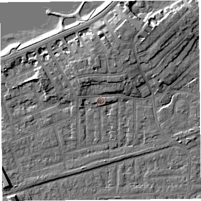 Shaded relief map of the ground around LA46ER, computed from Environment Agency LiDAR. The ground here sits at about 7 m above sea level and falls 9 m across the surrounding 800 m. Surface water reaching this point runs off ground lying to the north-north-east, 3.9 m higher.