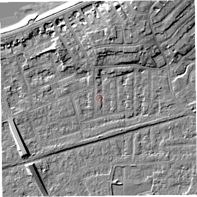 Shaded relief map of the ground around LA46EU, computed from Environment Agency LiDAR. The ground here sits at about 6 m above sea level and falls 9 m across the surrounding 800 m. Surface water reaching this point runs off ground lying to the south-west, 7.1 m higher.