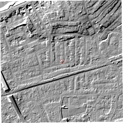Shaded relief map of the ground around LA46EX, computed from Environment Agency LiDAR. The ground here sits at about 6 m above sea level and falls 9 m across the surrounding 800 m. Surface water reaching this point runs off ground lying to the west-south-west, 7.1 m higher.