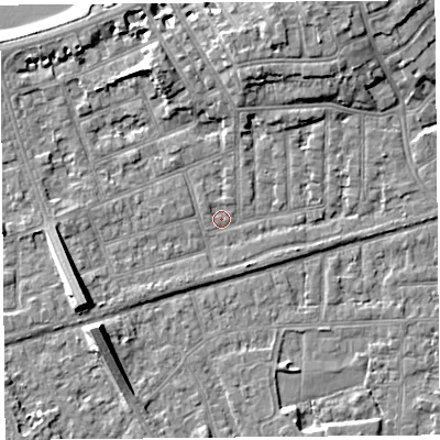 Shaded relief map of the ground around LA46EY, computed from Environment Agency LiDAR. The ground here sits at about 5 m above sea level and falls 9 m across the surrounding 800 m. Surface water reaching this point runs off ground lying to the west-south-west, 7.1 m higher.