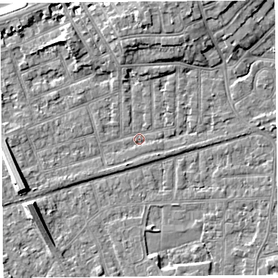 Shaded relief map of the ground around LA46EZ, computed from Environment Agency LiDAR. The ground here sits at about 5 m above sea level and falls 9 m across the surrounding 800 m. Surface water reaching this point runs off ground lying to the south-west, 0.9 m higher.