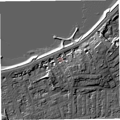 Shaded relief map of the ground around LA46FA, computed from Environment Agency LiDAR. The ground here sits at about 7 m above sea level and falls 9 m across the surrounding 800 m. Surface water reaching this point runs off ground lying to the east, 4.7 m higher.