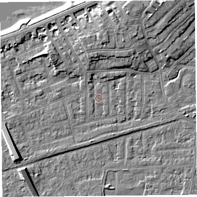 Shaded relief map of the ground around LA46HA, computed from Environment Agency LiDAR. The ground here sits at about 6 m above sea level and falls 9 m across the surrounding 800 m. Surface water reaching this point runs off ground lying to the south-west, 7.1 m higher.