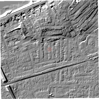 Shaded relief map of the ground around LA46HB, computed from Environment Agency LiDAR. The ground here sits at about 6 m above sea level and falls 9 m across the surrounding 800 m. Surface water reaching this point runs off ground lying to the south-west, 7.1 m higher.