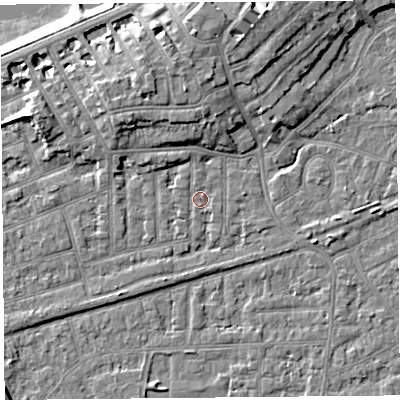 Shaded relief map of the ground around LA46HD, computed from Environment Agency LiDAR. The ground here sits at about 6 m above sea level and falls 9 m across the surrounding 800 m. Surface water reaching this point runs off ground lying to the north-west, 1.8 m higher.