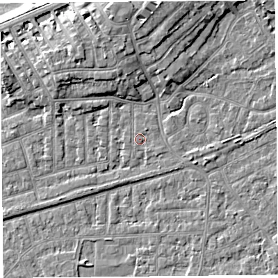 Shaded relief map of the ground around LA46HE, computed from Environment Agency LiDAR. The ground here sits at about 6 m above sea level and falls 9 m across the surrounding 800 m. Surface water reaching this point runs off ground lying to the north-east, 0.8 m higher.