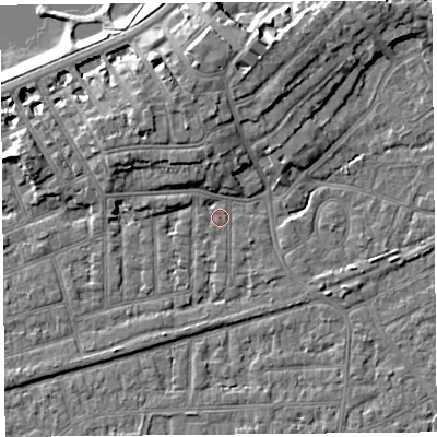 Shaded relief map of the ground around LA46HF, computed from Environment Agency LiDAR. The ground here sits at about 6 m above sea level and falls 9 m across the surrounding 800 m. Surface water reaching this point runs off ground lying to the west-north-west, 1.8 m higher.