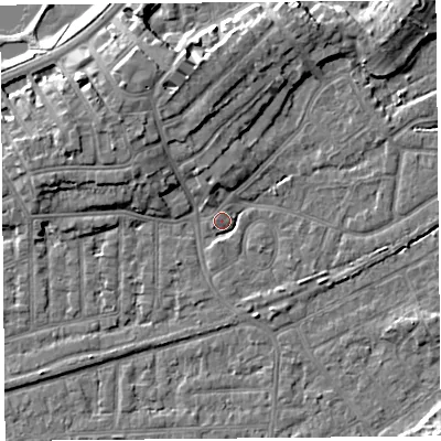 Shaded relief map of the ground around LA46HG, computed from Environment Agency LiDAR. The ground here sits at about 6 m above sea level and falls 9 m across the surrounding 800 m. Surface water reaching this point runs off ground lying to the north-north-west, 7.0 m higher.