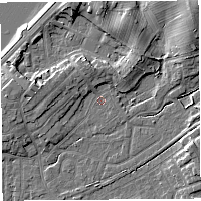 Shaded relief map of the ground around LA46HH, computed from Environment Agency LiDAR. The ground here sits at about 6 m above sea level and falls 15 m across the surrounding 800 m. Surface water reaching this point runs off ground lying to the north-north-west, 4.4 m higher.
