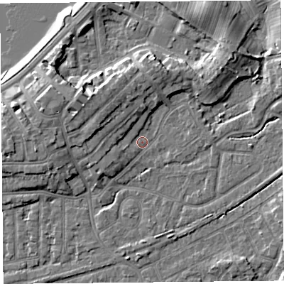 Shaded relief map of the ground around LA46HJ, computed from Environment Agency LiDAR. The ground here sits at about 6 m above sea level and falls 9 m across the surrounding 800 m. Surface water reaching this point runs off ground lying to the north-west, 4.6 m higher.