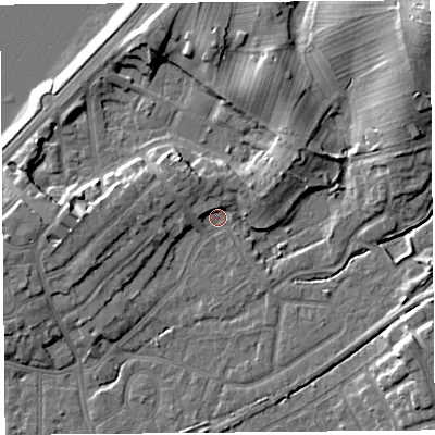 Shaded relief map of the ground around LA46HL, computed from Environment Agency LiDAR. The ground here sits at about 6 m above sea level and falls 16 m across the surrounding 800 m. Surface water reaching this point runs off ground lying to the north-north-west, 4.3 m higher.