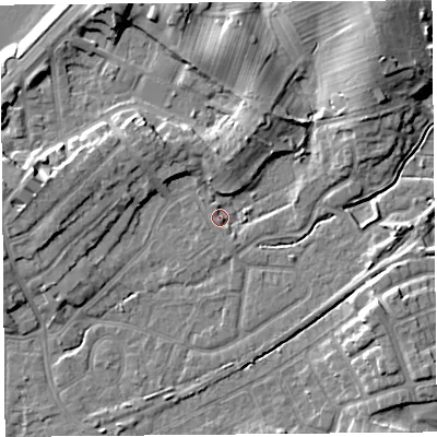 Shaded relief map of the ground around LA46HN, computed from Environment Agency LiDAR. The ground here sits at about 6 m above sea level and falls 15 m across the surrounding 800 m. Surface water reaching this point runs off ground lying to the south-south-east, 2.1 m higher.
