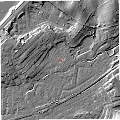 Shaded relief map of the ground around LA46HP, computed from Environment Agency LiDAR. The ground here sits at about 6 m above sea level and falls 12 m across the surrounding 800 m. Surface water reaching this point runs off ground lying to the east-north-east, 0.7 m higher.
