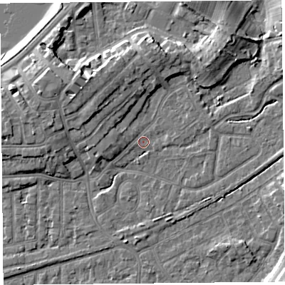 Shaded relief map of the ground around LA46HQ, computed from Environment Agency LiDAR. The ground here sits at about 6 m above sea level and falls 9 m across the surrounding 800 m. Surface water reaching this point runs off ground lying to the north-north-west, 5.6 m higher.