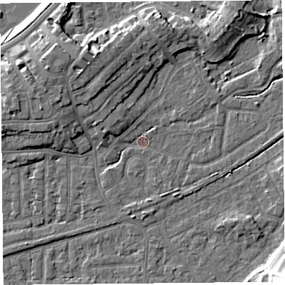 Shaded relief map of the ground around LA46HR, computed from Environment Agency LiDAR. The ground here sits at about 5 m above sea level and falls 16 m across the surrounding 800 m. Surface water reaching this point runs off ground lying to the north-west, 7.0 m higher.