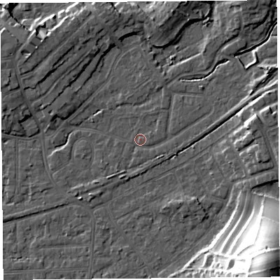 Shaded relief map of the ground around LA46HS, computed from Environment Agency LiDAR. The ground here sits at about 6 m above sea level and falls 32 m across the surrounding 800 m. Surface water reaching this point runs off ground lying to the north-west, 6.8 m higher.