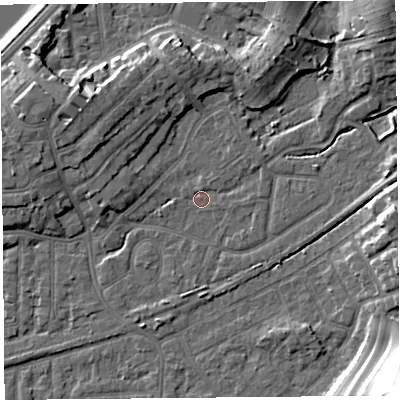 Shaded relief map of the ground around LA46HT, computed from Environment Agency LiDAR. The ground here sits at about 5 m above sea level and falls 24 m across the surrounding 800 m. Surface water reaching this point runs off ground lying to the north-west, 7.0 m higher.