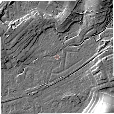 Shaded relief map of the ground around LA46HU, computed from Environment Agency LiDAR. The ground here sits at about 5 m above sea level and falls 24 m across the surrounding 800 m. Surface water reaching this point runs off ground lying to the west-north-west, 6.8 m higher.