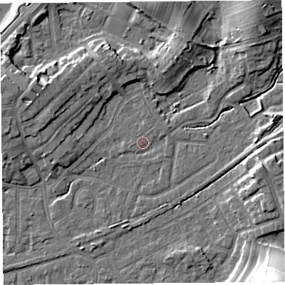 Shaded relief map of the ground around LA46HW, computed from Environment Agency LiDAR. The ground here sits at about 6 m above sea level and falls 19 m across the surrounding 800 m. Surface water reaching this point runs off ground lying to the north-north-east, 1.2 m higher.